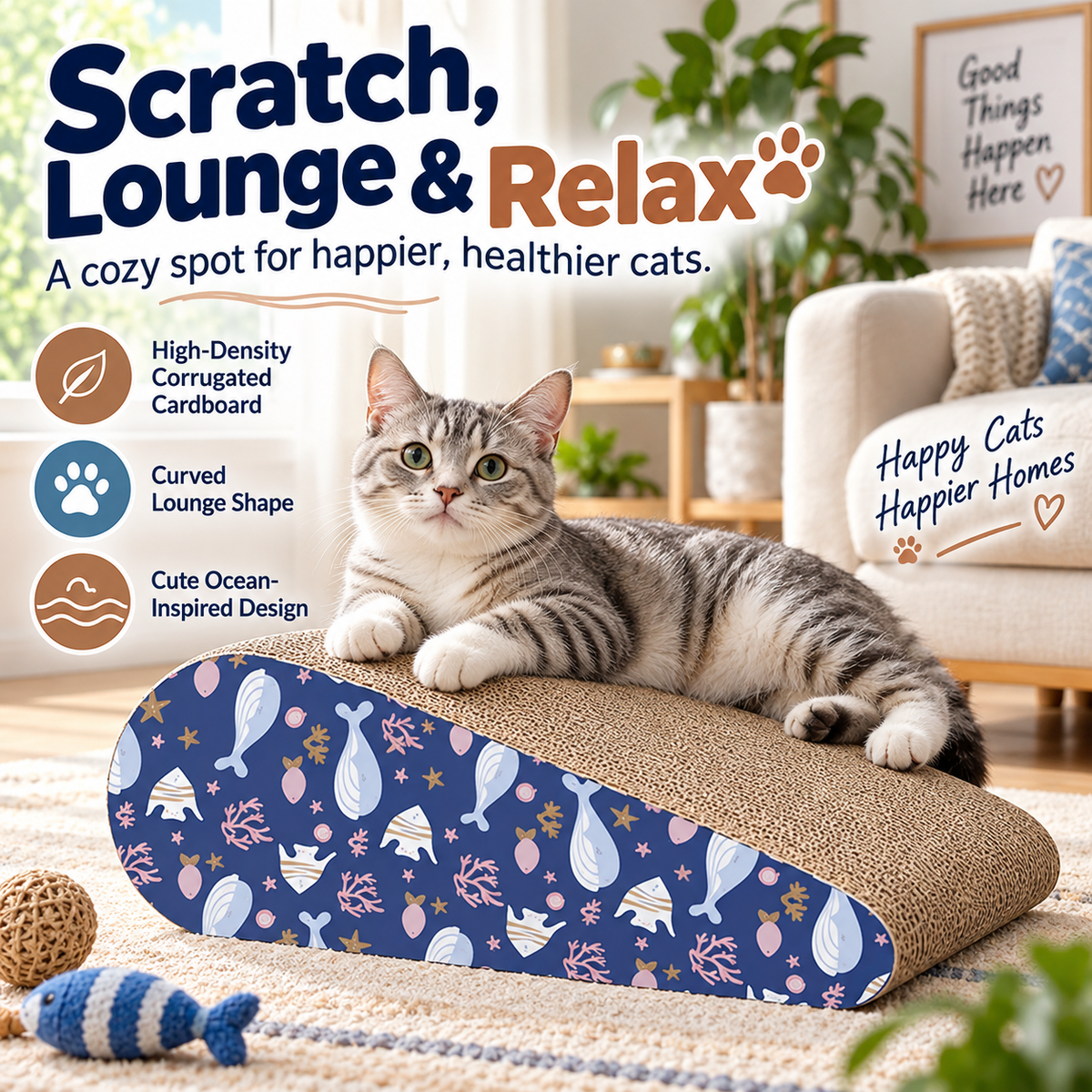 🐾 Waterdrop Sloped Cat Scratcher – High-Density Corrugated Cardboard Lounge & Scratch Board for Indoor Cats 🐱