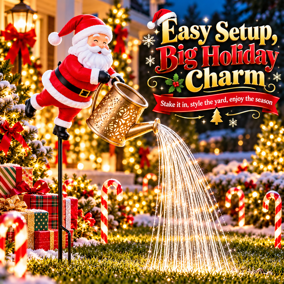 🎅 Santa Solar Watering Can Christmas Garden Light ✨ | Cascading Waterfall Outdoor Yard Decor 🎄