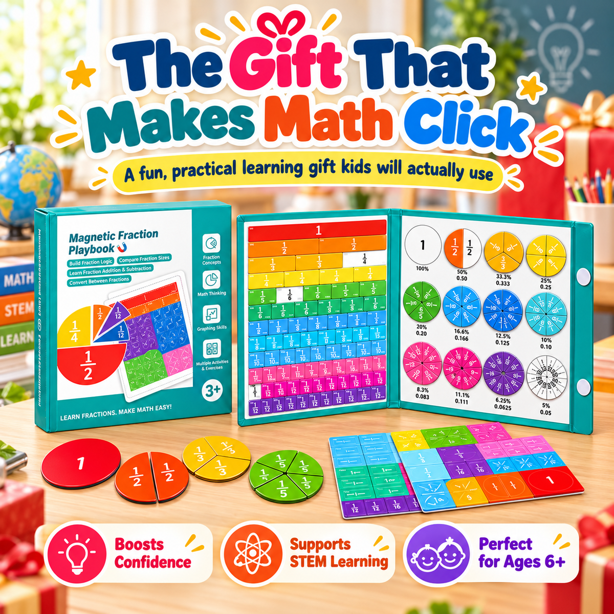 Magnetic Fraction Learning Book for Kids – Hands-On Math Manipulatives with Fraction Bars & Circles, Ages 6+