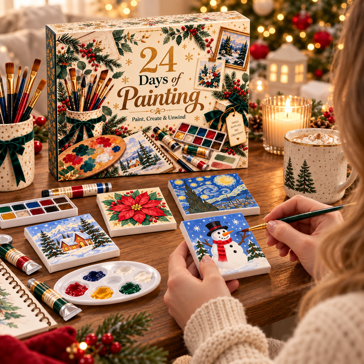 24 Days of Painting Advent Calendar – Mini Canvas Art Kit with Paints & Brushes