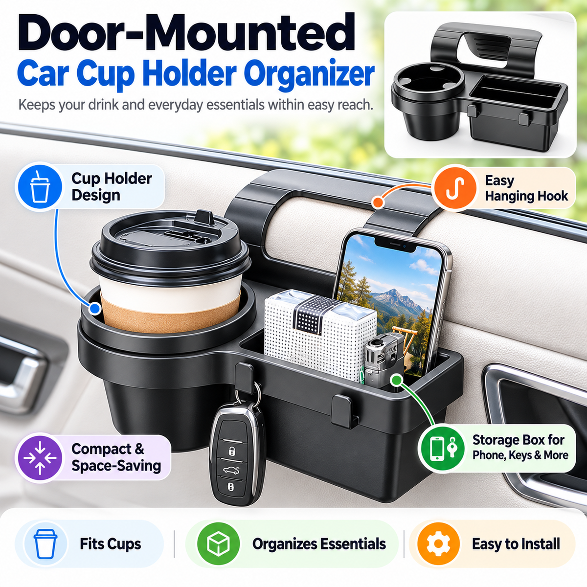 Car Door Cup Holder & Storage Organizer – No-Drill Window-Mount Pocket