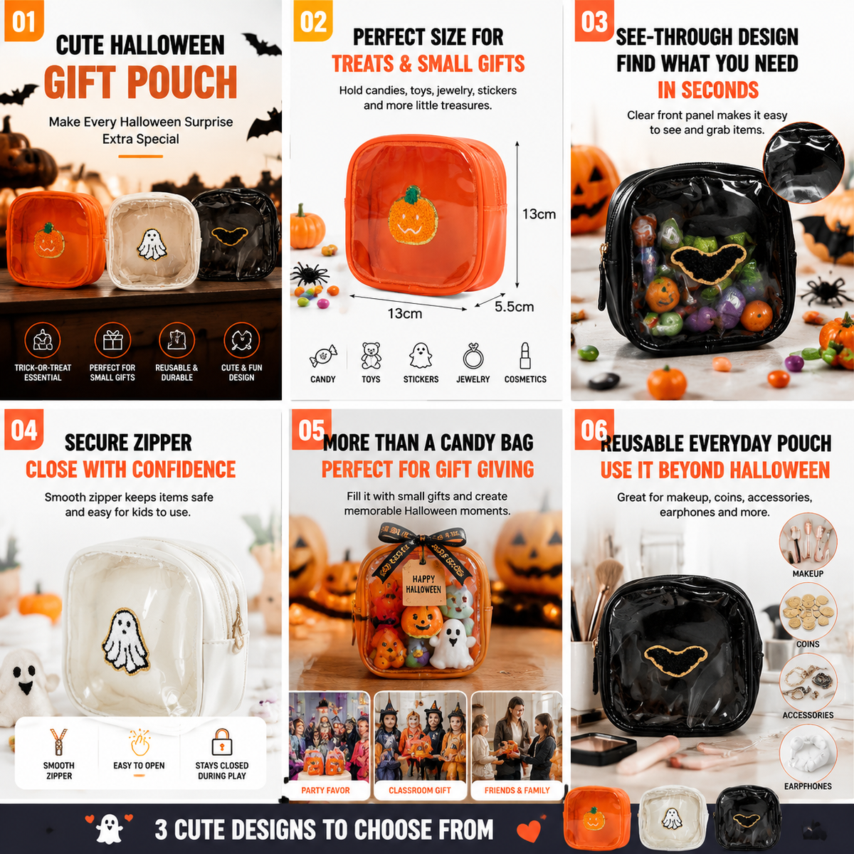 🎃 Halloween Mini Clear Pouch – Cute Pumpkin Ghost Bat Treat Bag for Candy, Makeup & Small Treasures