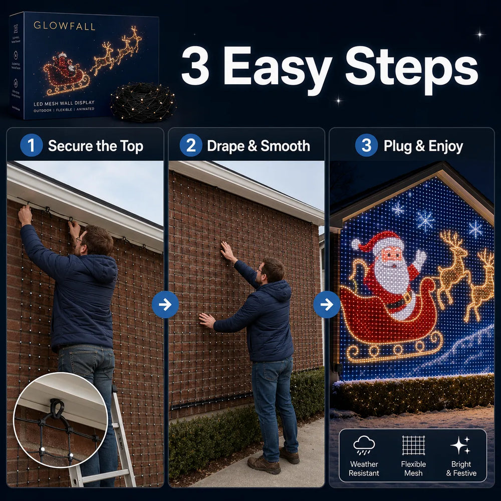 Three step Christmas light installation: secure the top, drape and power on