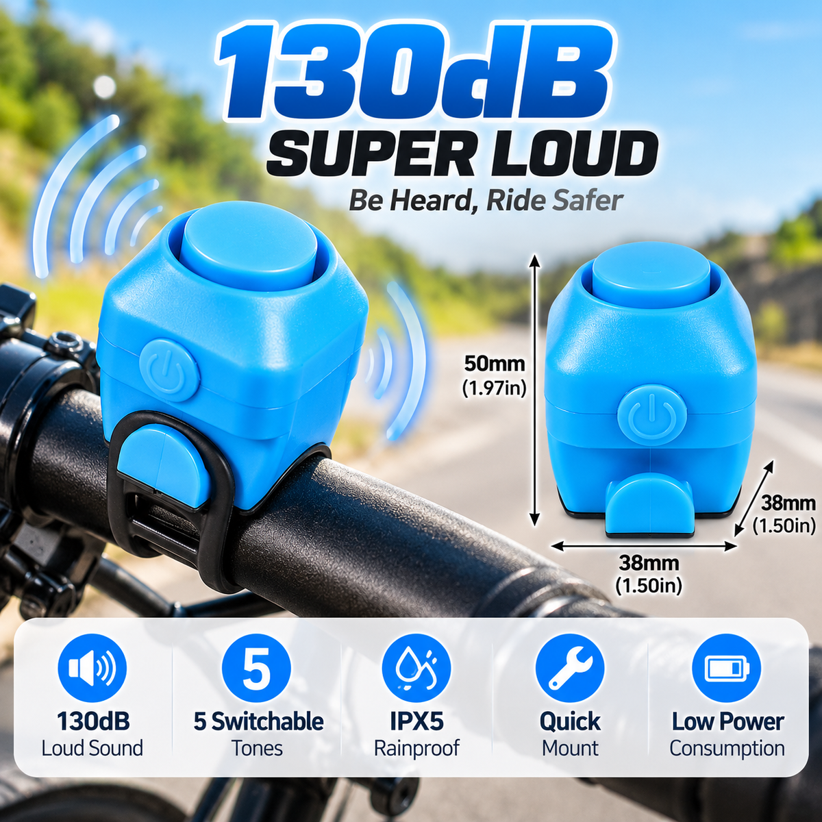 130dB Electronic Bike Horn – 5-Tone IPX5 Rainproof Bicycle Bell with Quick Silicone Mount