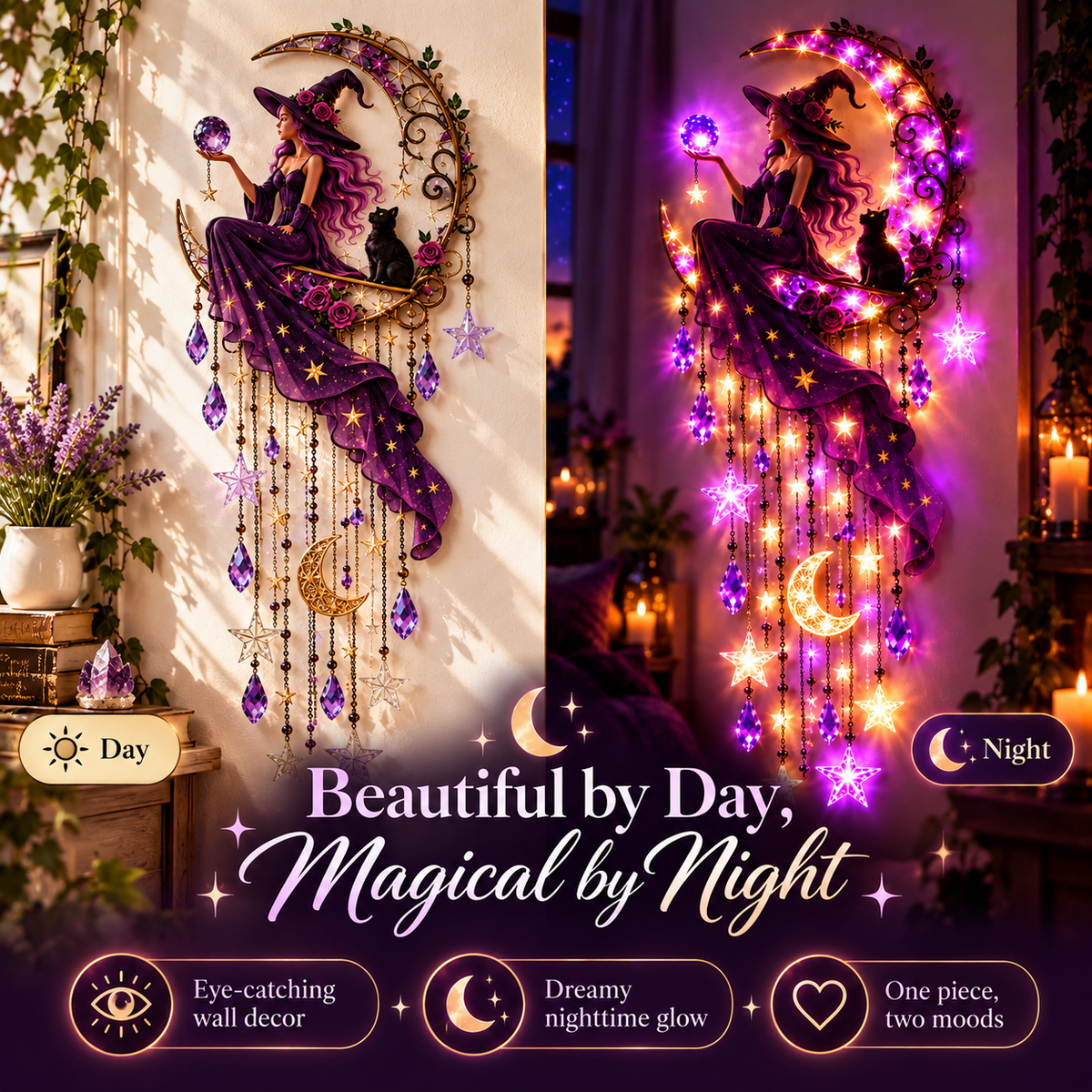 Witch Moon Starfall Wall Light – Purple Celestial Witch Decor with Crescent Moon, Stars & Crystal Accents
