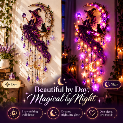 Witch Moon Starfall Wall Light – Purple Celestial Witch Decor with Crescent Moon, Stars & Crystal Accents