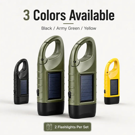2-Pack Compact ABS Body LED Lights - Solar Outdoor Hand-Crank USB-Type Flashlight with Clip, Rechargeable Survival Tool for Power Outages, Distress Signaling, Solar Outdoor Lights