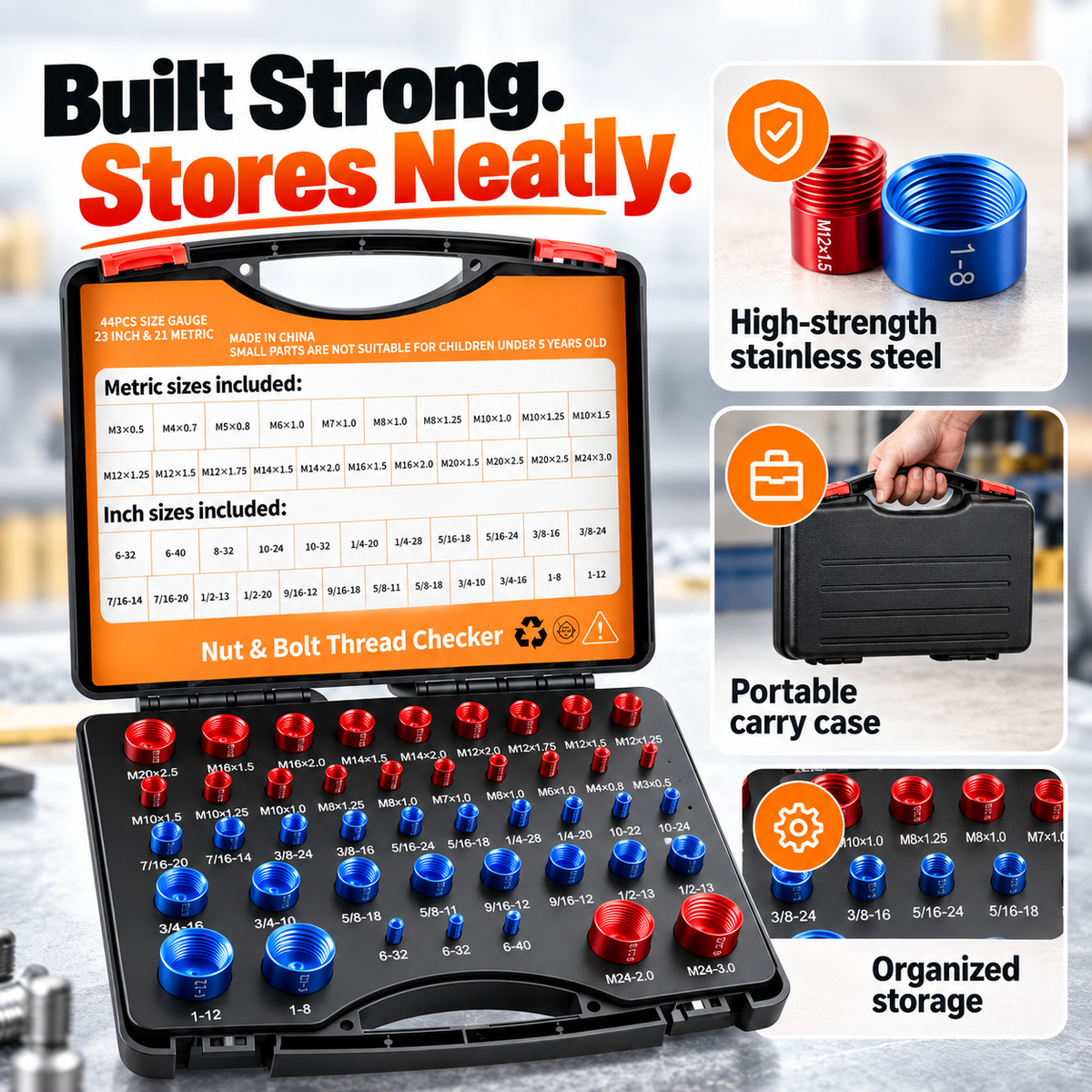 26/44-Piece Nut & Bolt Thread Checker Set – Metric & SAE Thread Gauge with Portable Carrying Case