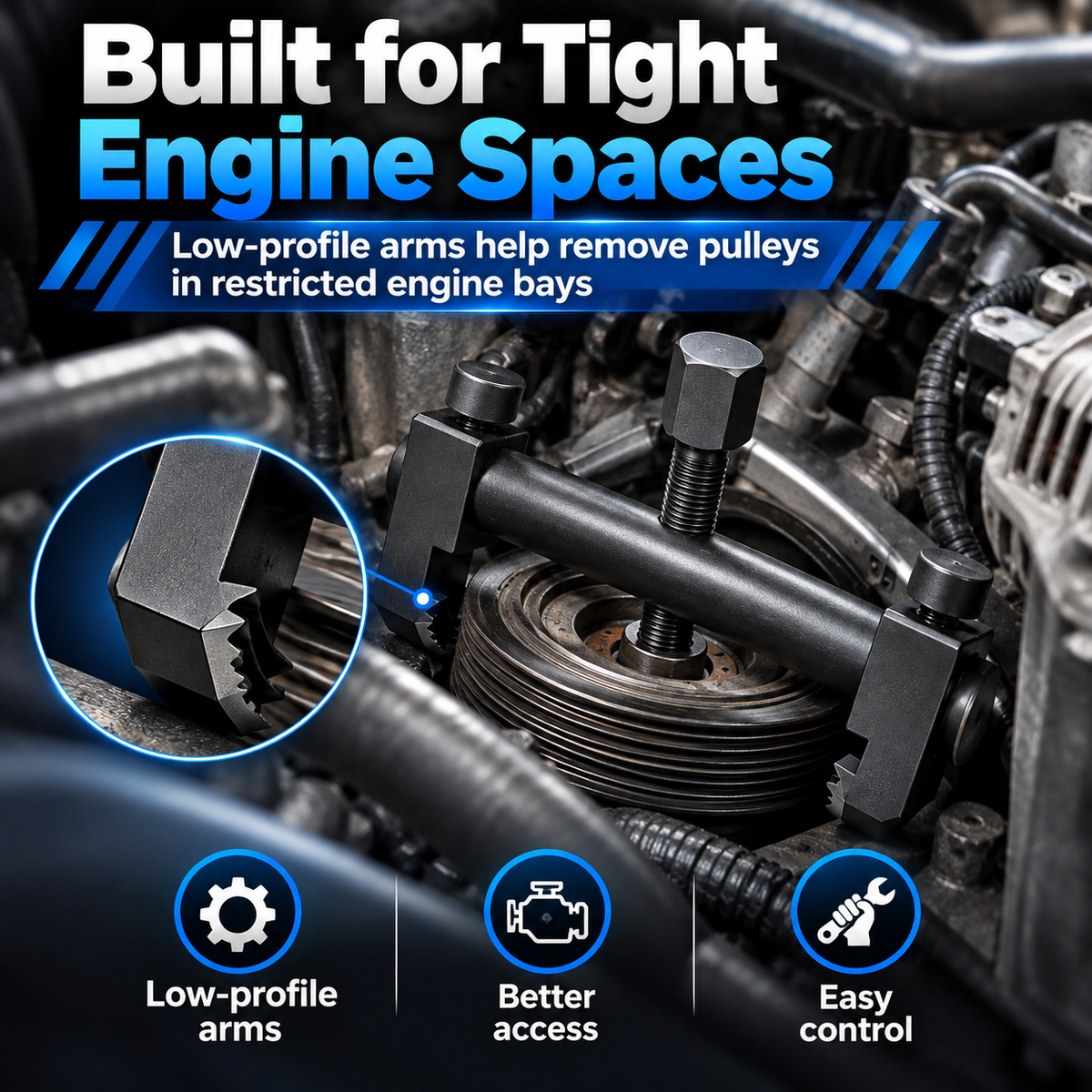 Adjustable Ribbed Pulley Puller – Low-Profile Crankshaft, Alternator, A/C & Water Pump Removal Tool