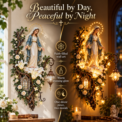Blessed Mother Lighted Wall Décor – Virgin Mary 3D Religious Wall Art with Warm Ambient Glow & Floral Details