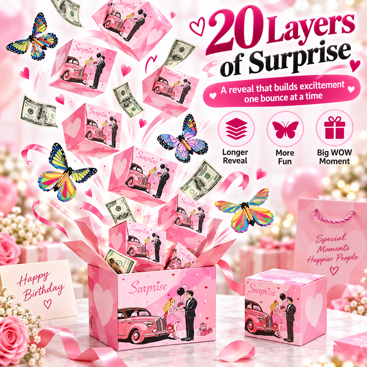 20-Layer Surprise Explosion Gift Box – Pop-Up Cash Gift Box with 4 Flying Butterflies for Birthdays, Anniversaries & Celebrations