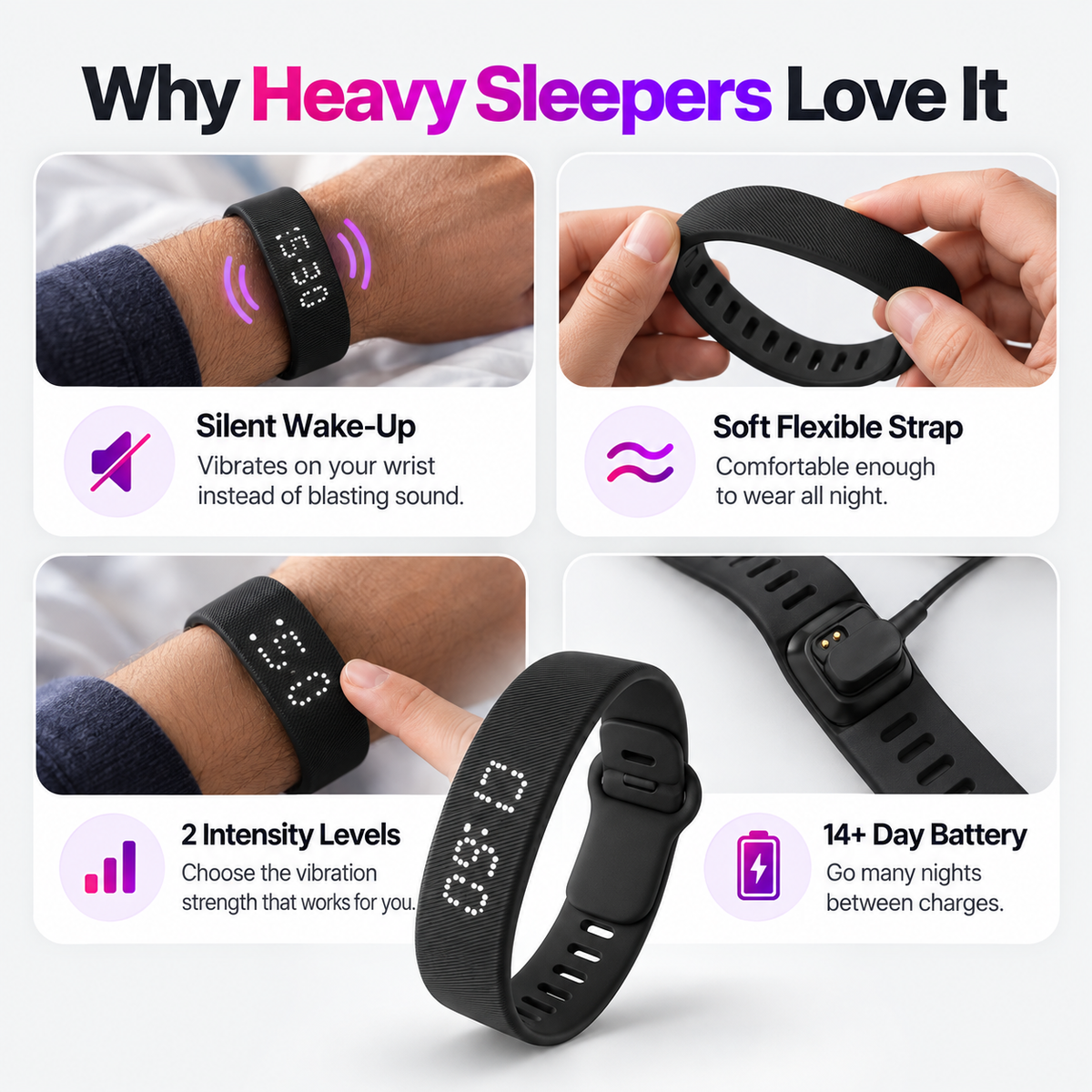 Silent Vibration Wrist Alarm – Wearable Wake-Up Alarm with 2 Vibration Levels, 3 Alarms & 14+ Day Battery