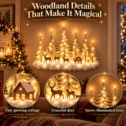 🌲 Lighted Winter Woodland Forest Wall Decor – Warm LED Christmas Tree, Deer & Cottage Scene