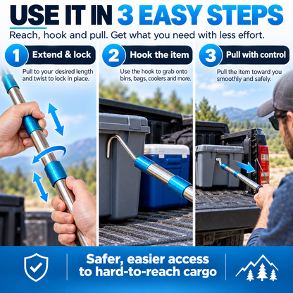 6.3 Ft Telescopic Cargo Grabber & Retriever – Adjustable Dual-Hook Pulling Tool for Pickup Trucks, Boats & Garages