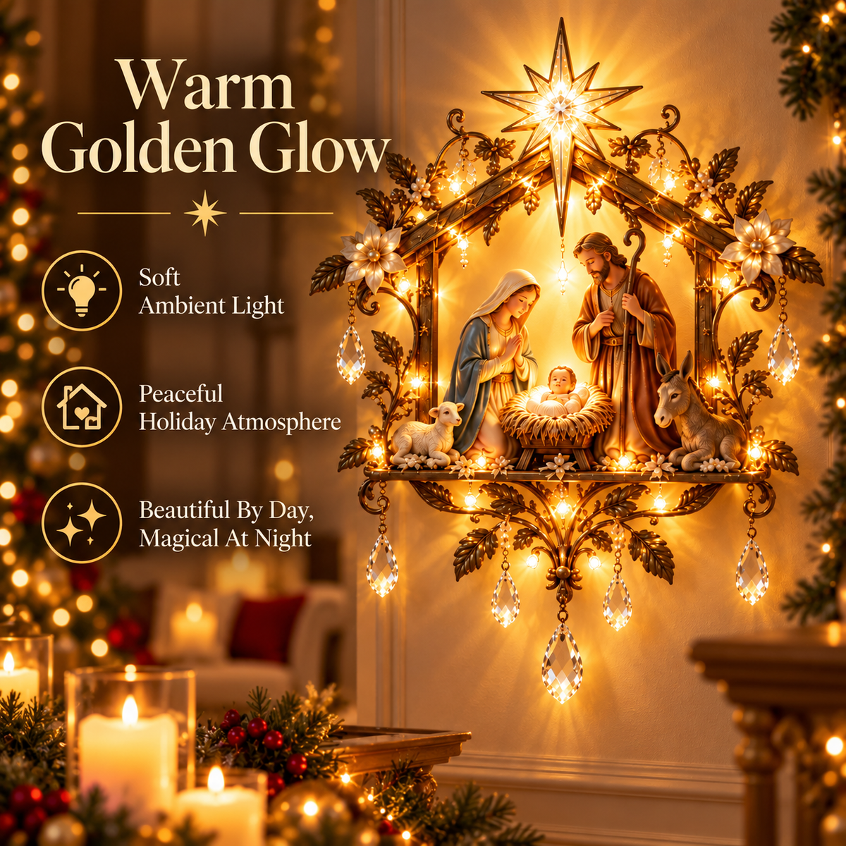 Bethlehem Nativity Glow Lighted Wall Decor – 3D Holy Family Christmas Wall Art with Warm Star Glow