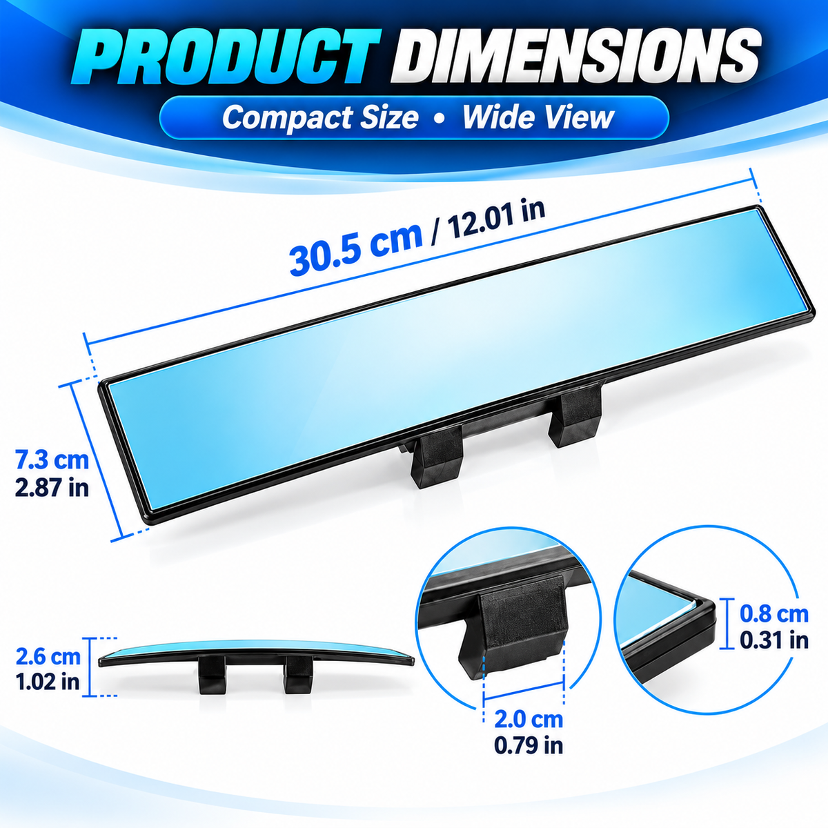 12-Inch HD Convex Panoramic Rearview Mirror – Clip-On Wide-Angle Car Mirror with Anti-Glare Glass & Anti-Slip Clips