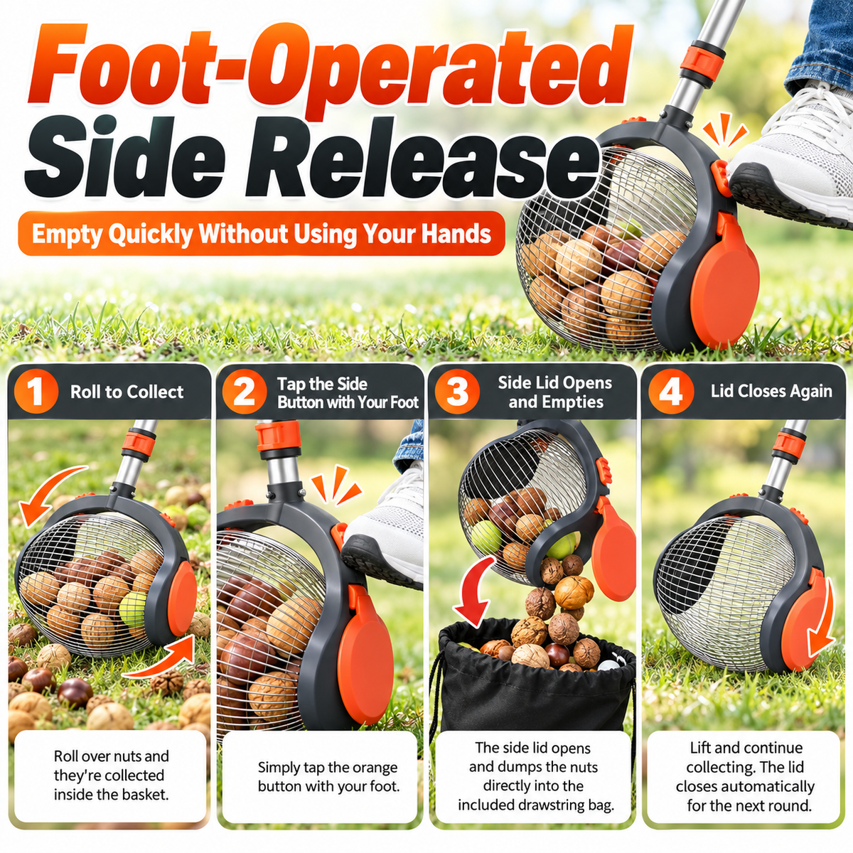 Telescopic Nut Gatherer Roller – Foot-Release Walnut & Acorn Picker with Side-Opening Basket