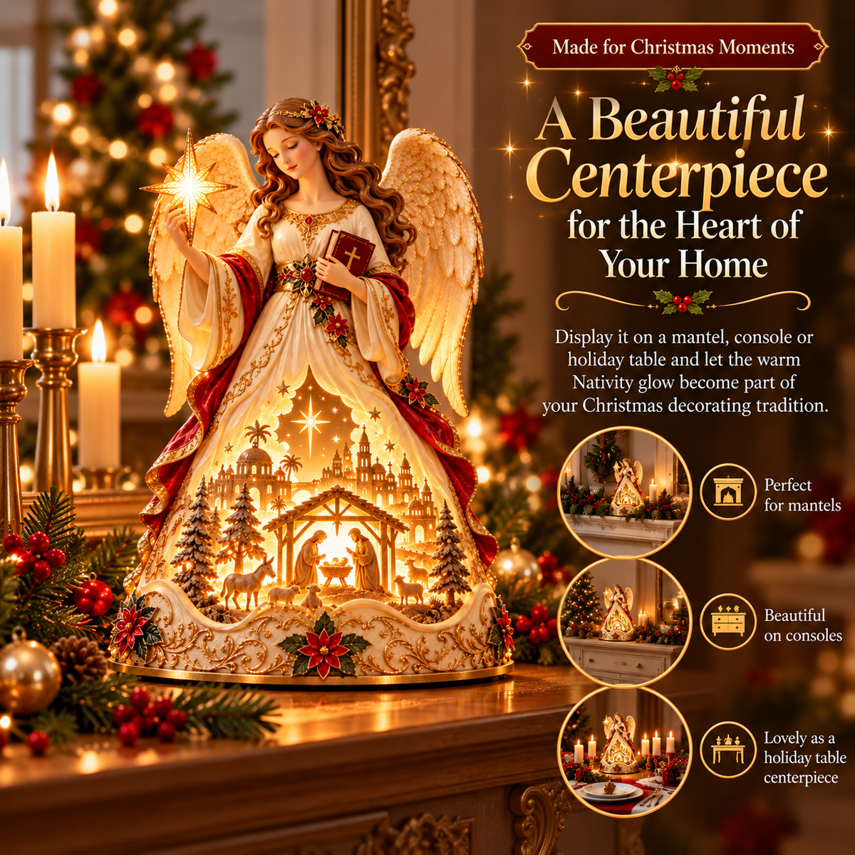 Lighted Christmas Angel Nativity Figurine – Bethlehem Star & Holy Family Tabletop Decor with Warm Golden Glow