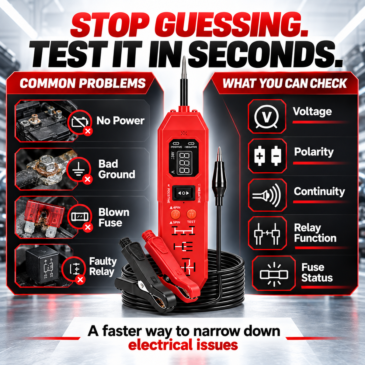 Automotive Circuit & Relay Tester – 12V/24V Electrical Diagnostic Power Probe with Voltage, Polarity, Continuity & Short-Circuit Testing