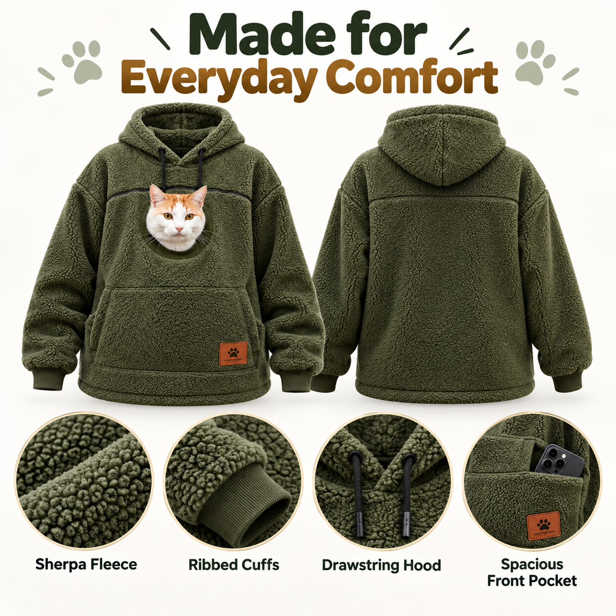 Sherpa Pet Carrier Hoodie with Cozy Kangaroo Pouch for Small Cats & Dogs