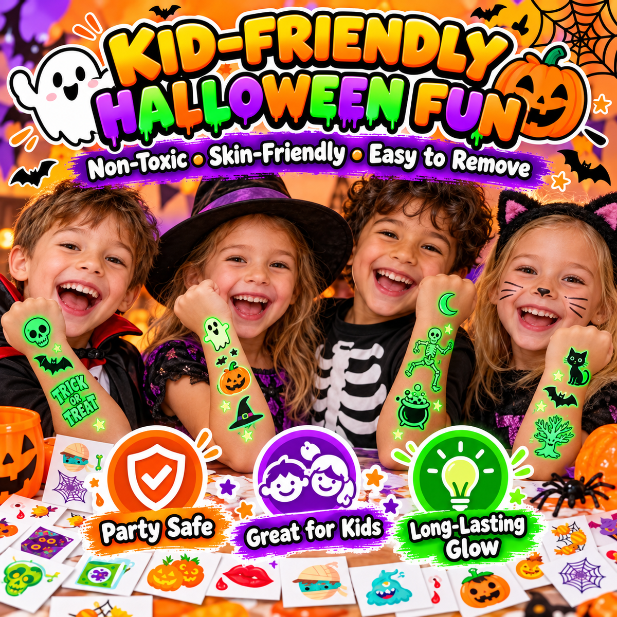 Glow-in-the-Dark Halloween Temporary Tattoos for Kids