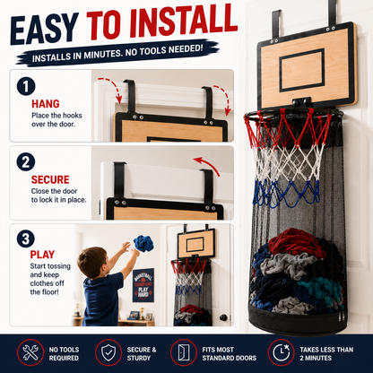 🔥Last Day 50% OFF-Over-the-Door Basketball Hoop Laundry Hamper – Fun Hanging Clothes Basket with Easy-Empty Zipper