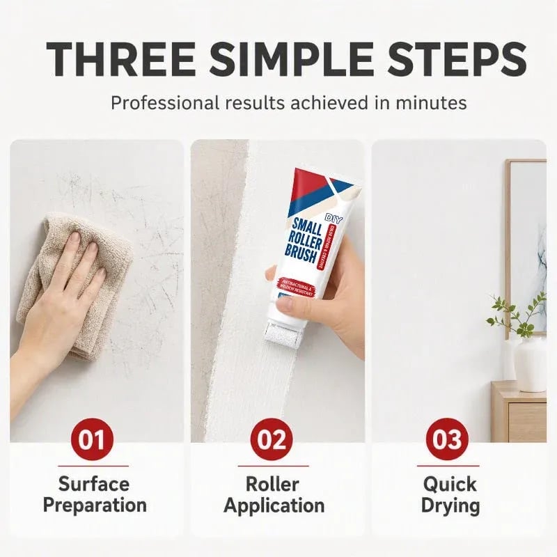 Three-step wall repair paste application showing surface cleaning, rolling white paste and the finished wall after drying