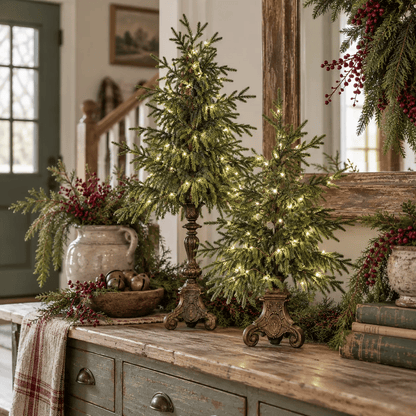 Vintage Lighted Norfolk Pine Trees – Warm White LED Christmas Tabletop Decor, 12″ & 18″