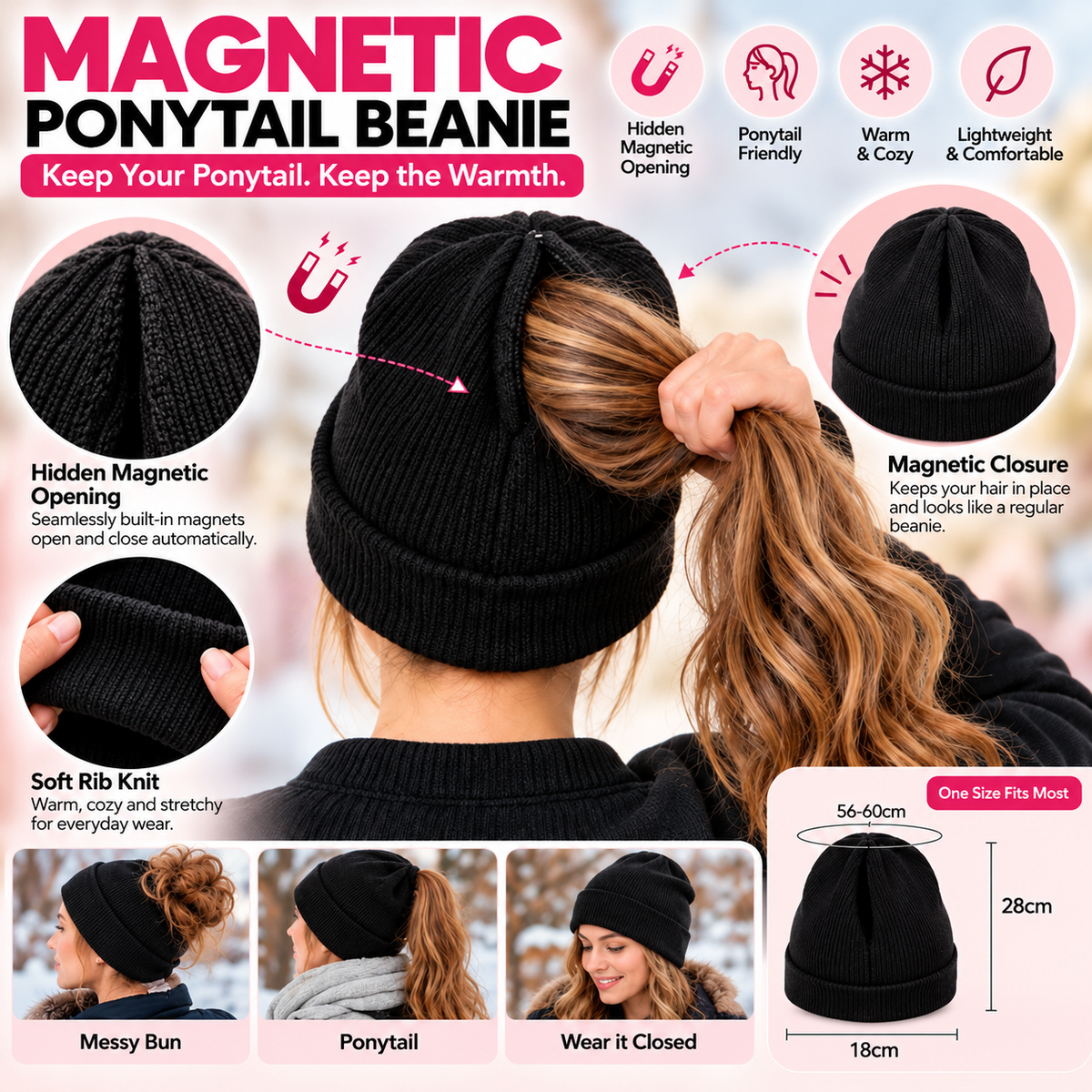 🔥Last Day 50% OFF – 🔥2-in-1-ponytail-beanie-hat-hidden – Hidden Magnetic Closure, No-Zip Winter Knit Hat ❄️