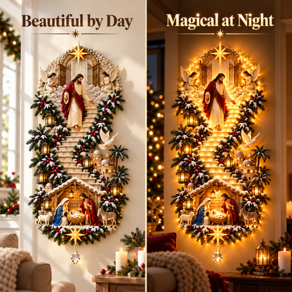 Lighted Nativity Stairway Wall Decor – Steady Glow & Flowing Light Display