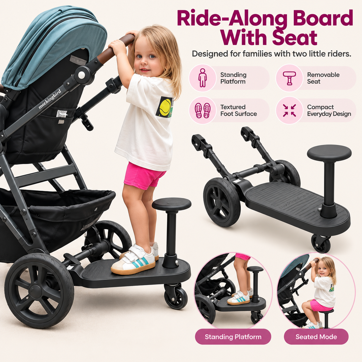 Stroller Riding Board with Seat – 2-in-1 Toddler Sit & Stand Platform