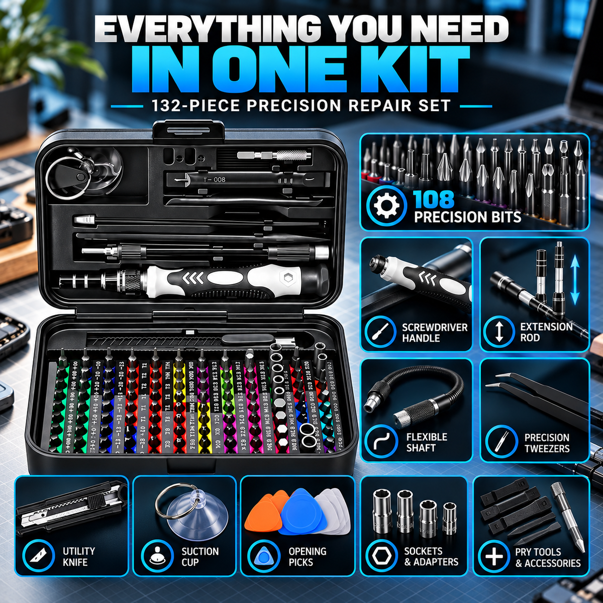 132-in-1 Precision Screwdriver Set – 108 CR-V Bits, Magnetic Handle & Flexible Shaft Repair Tool Kit