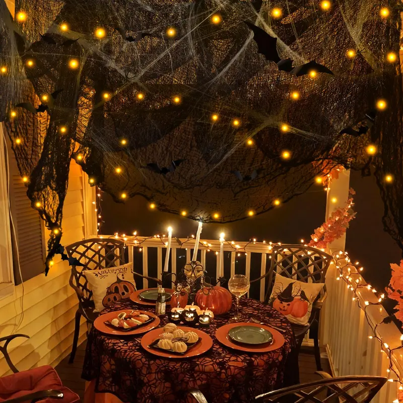 Halloween Spider Web Decorations with 32FT String Lights, 300 sqft Stretch Cobwebs, Black Creepy Cloth, Fake Bats and Spiders for Indoor Outdoor Yard Doorway Entryway Decor