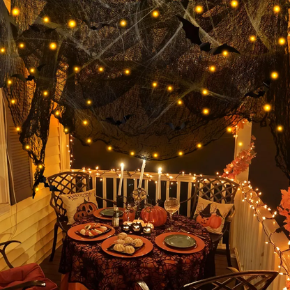 Halloween Spider Web Decorations with 32FT String Lights, 300 sqft Stretch Cobwebs, Black Creepy Cloth, Fake Bats and Spiders for Indoor Outdoor Yard Doorway Entryway Decor