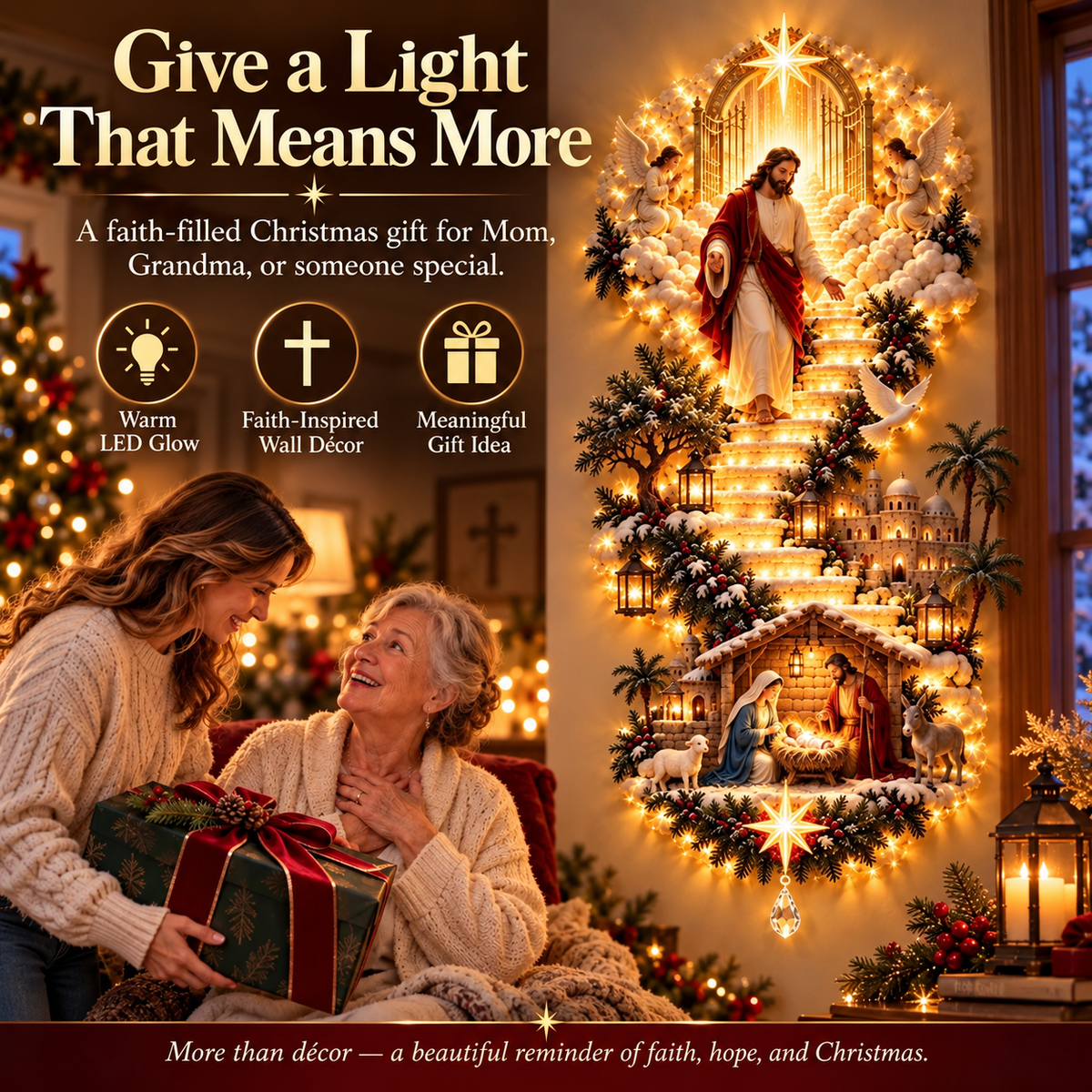 ✝️✨Jesus Light of Heaven Christmas Wall Hanging – Illuminated Nativity Scene Stairway & Holiday Wall Decor