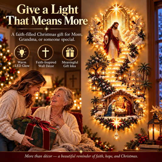 ✝️✨Jesus Light of Heaven Christmas Wall Hanging – Illuminated Nativity Scene Stairway & Holiday Wall Decor