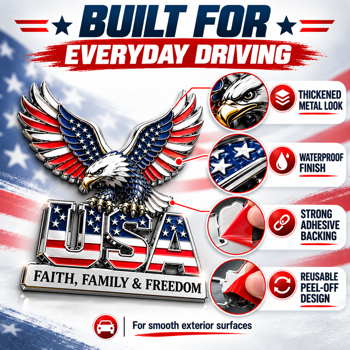 Eagle USA 3D Patriotic Car Decal – American Bald Eagle Metal Sticker, Faith Family & Freedom
