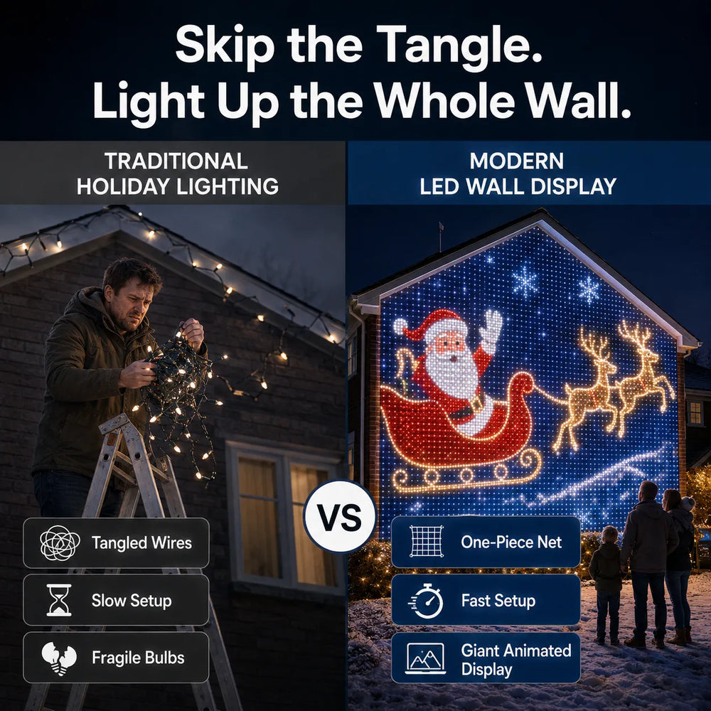 Comparison of tangled traditional Christmas light strands and LED wall net lights