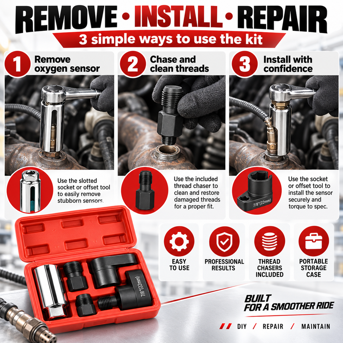 Hot sales🔥5-Piece O2 Sensor Socket & Thread Chaser Set – 22mm / 7/8", 3/8" & 1/2" Drive Oxygen Sensor Removal Tool Kit