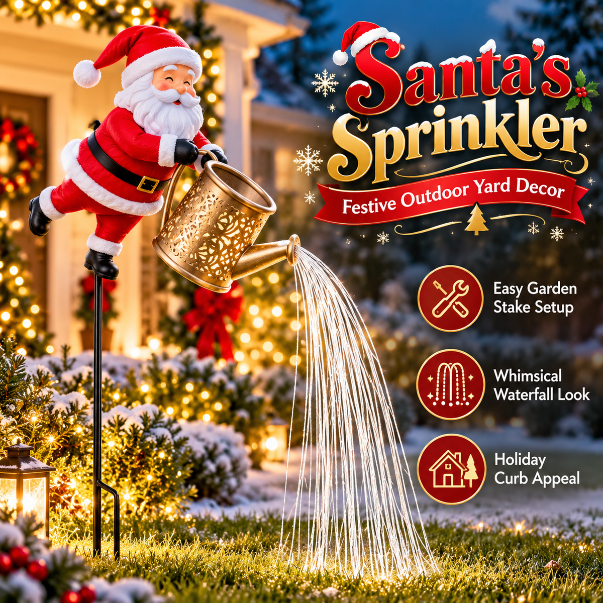 🎅 Santa Solar Watering Can Christmas Garden Light ✨ | Cascading Waterfall Outdoor Yard Decor 🎄