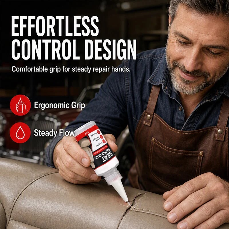 Person holding the compact 20ml leather seat repair glue bottle and using its nozzle on a car seat split