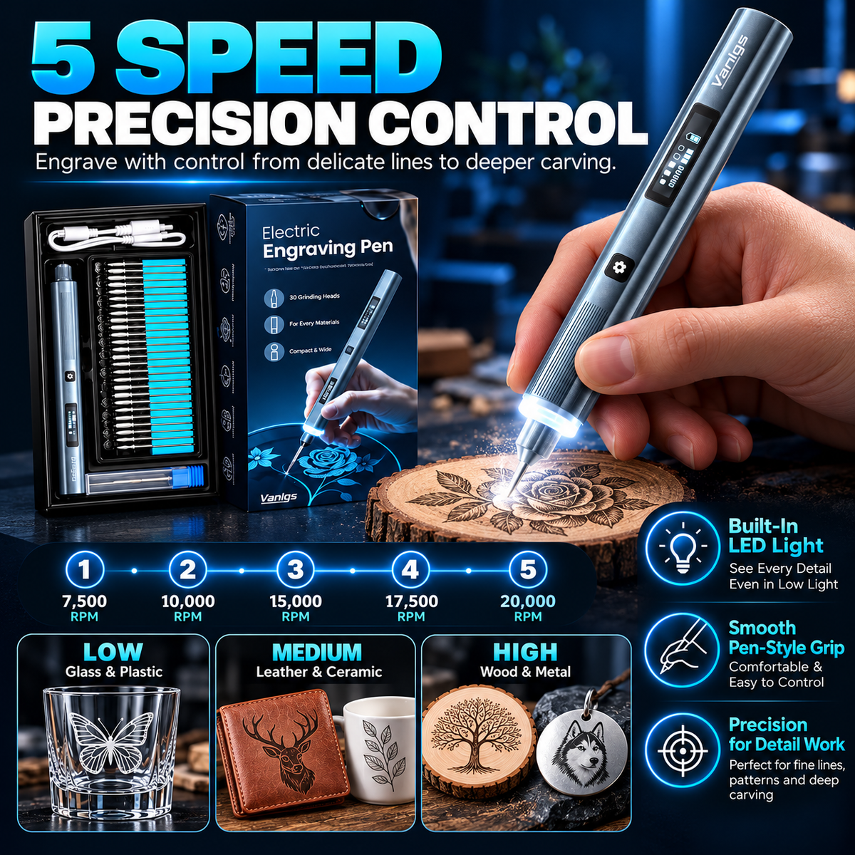 Vanlgs Cordless Engraving Pen Kit – 5-Speed Rechargeable Electric Engraver with LED Light & 30 Engraving Bits for DIY Gifts