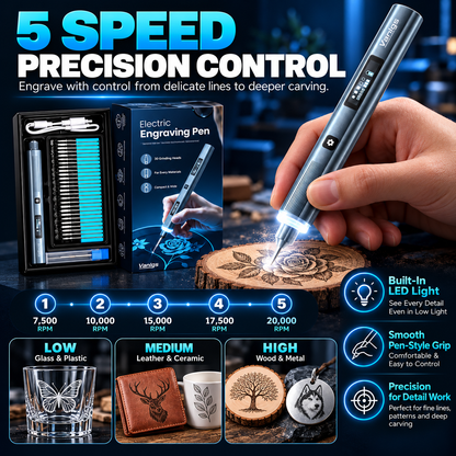 Vanlgs Cordless Engraving Pen Kit – 5-Speed Rechargeable Electric Engraver with LED Light & 30 Engraving Bits for DIY Gifts