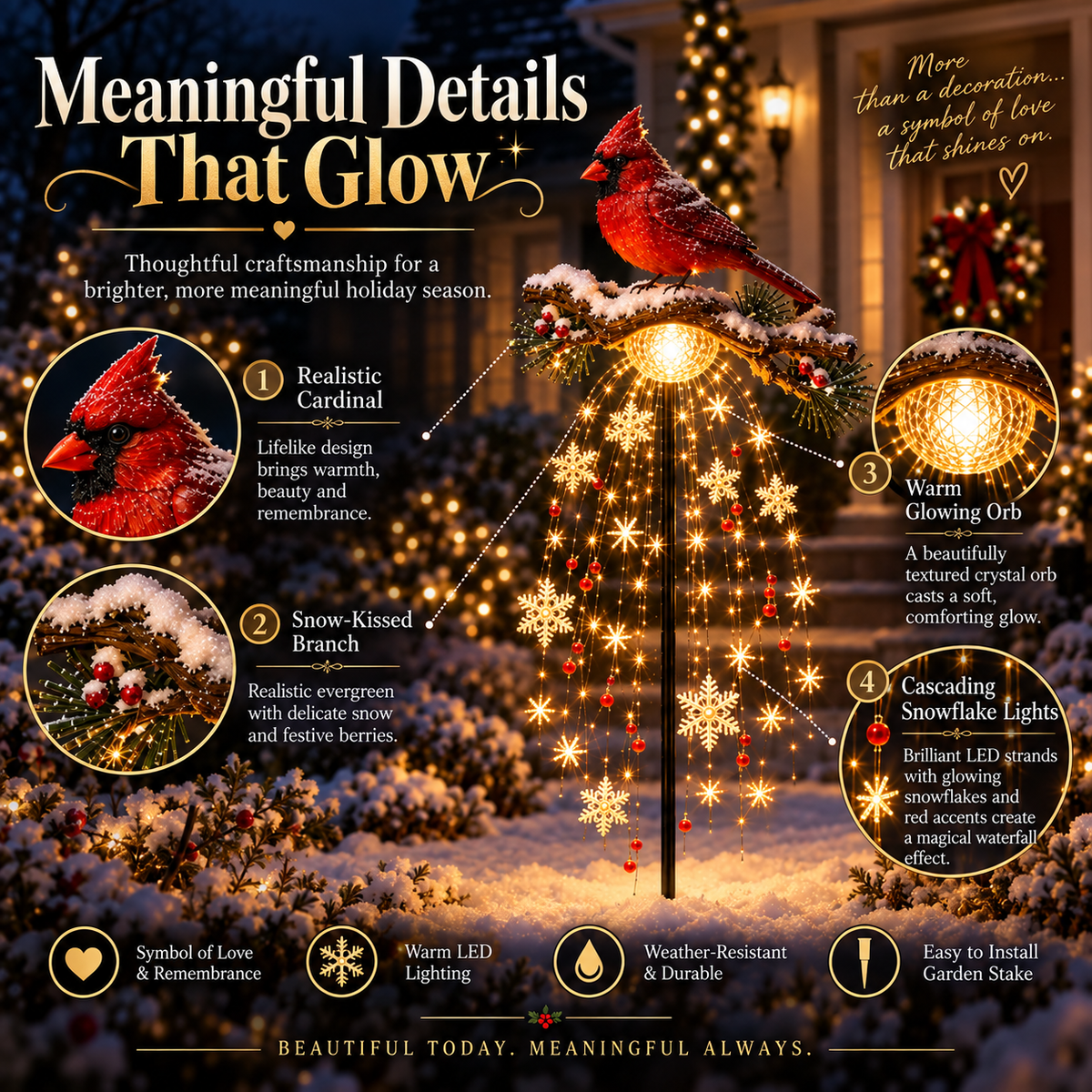 Hot sales🔥Cardinal Memory Fountain Light – Lighted Christmas Remembrance Garden Stake with Cascading Snowflakes