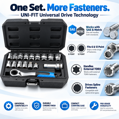 Universal Pass-Thru Socket & Ratchet Set – 16-Piece, 42 Fastener Sizes, SAE/Metric/TORX/Spline