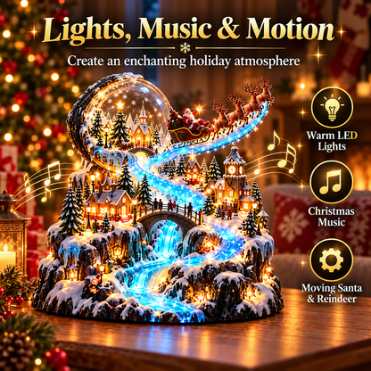 Santa's Sleigh Christmas Village Display – Lighted Snow Globe & Winter Waterfall Tabletop Decor