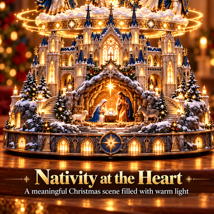 Rotating Angel Nativity Christmas Village – Lighted Cathedral & Holy Family Tabletop Decor-USB-C Rechargeable