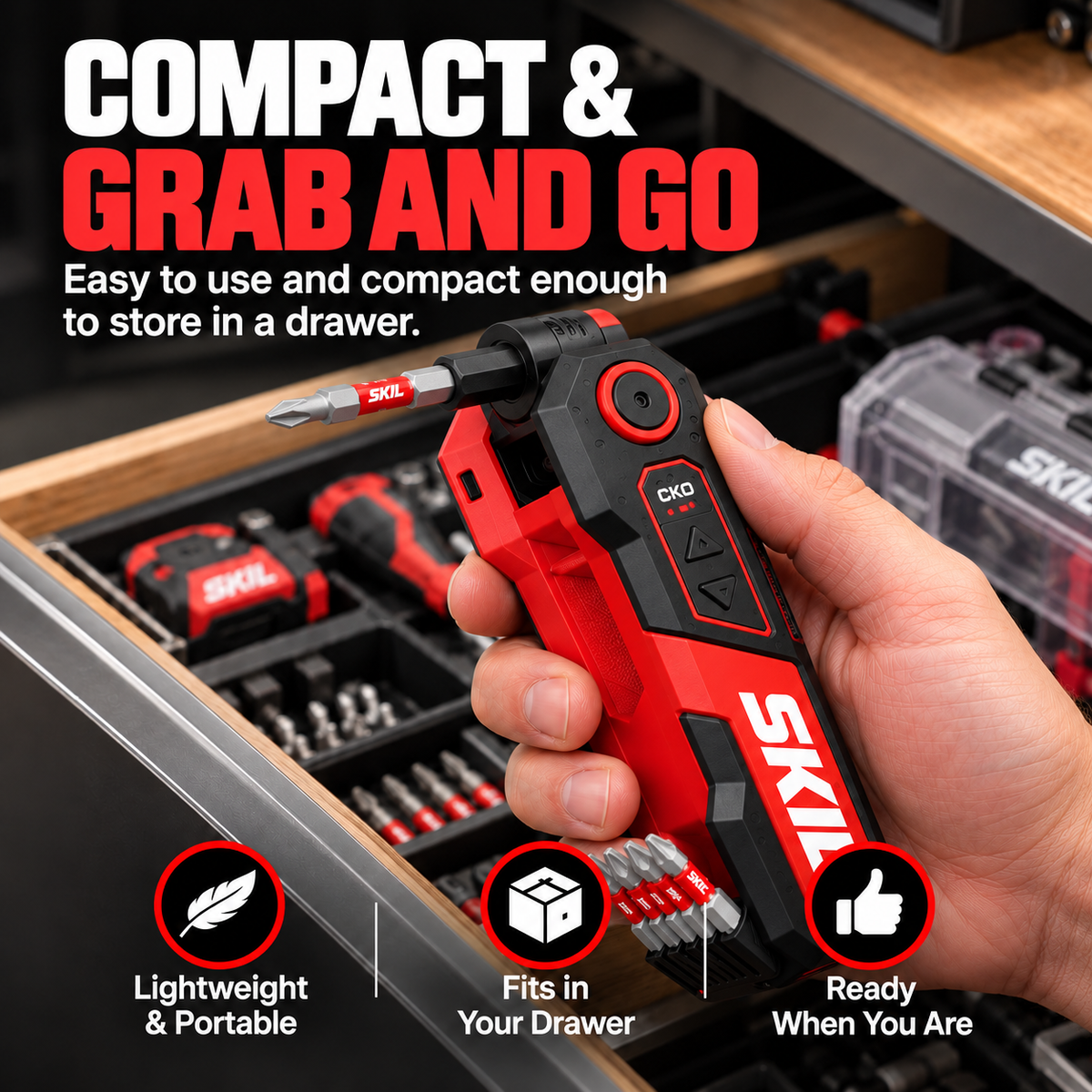 SKIL PWR CORE GO Folding Electric Hex Key – 3-Position Cordless Screwdriver with Dual LED Work Lights & USB-C Charging