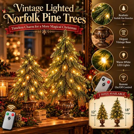 Vintage Lighted Norfolk Pine Trees – Warm LED Christmas Tabletop Decor