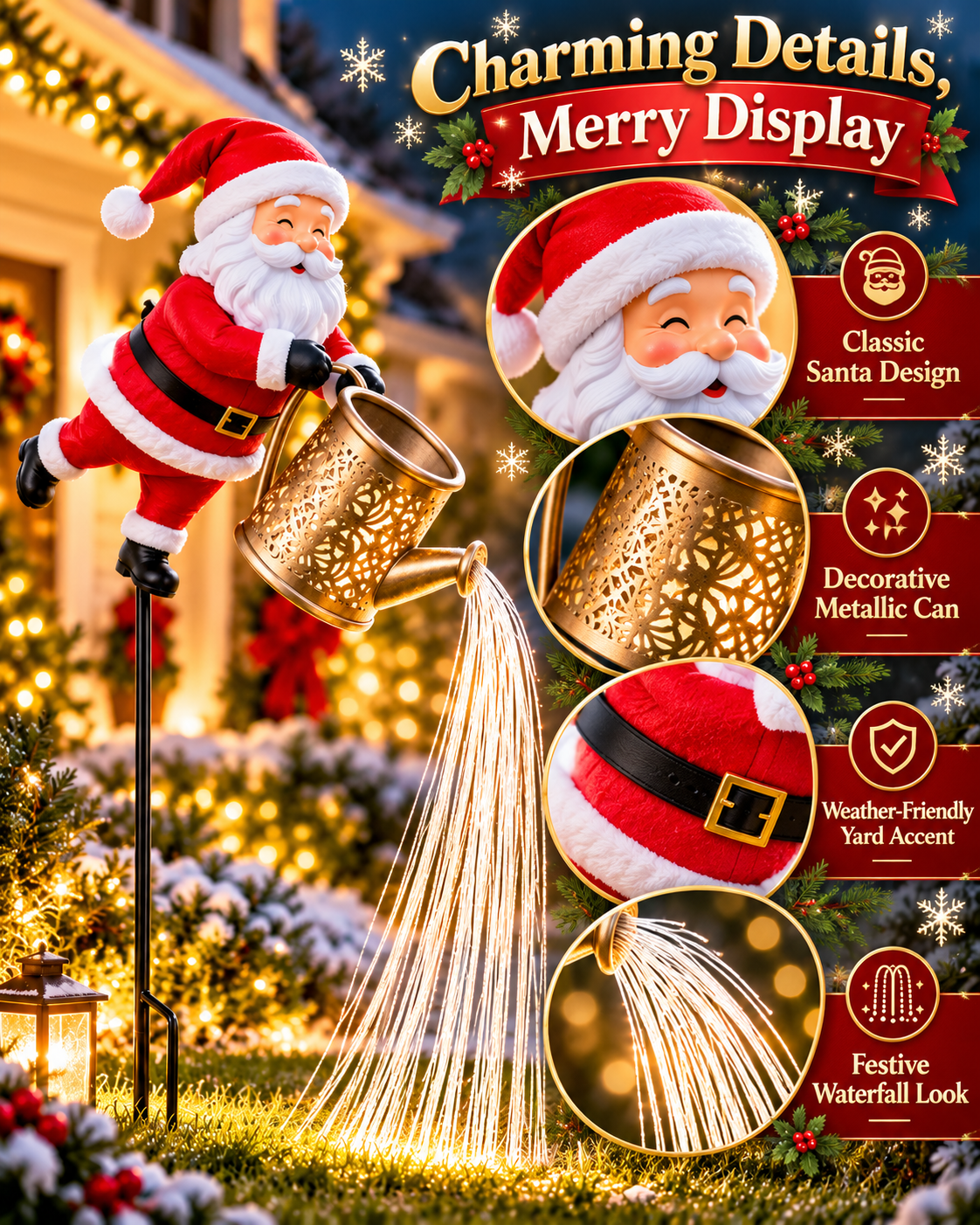 🎅 Santa Solar Watering Can Christmas Garden Light ✨ | Cascading Waterfall Outdoor Yard Decor 🎄